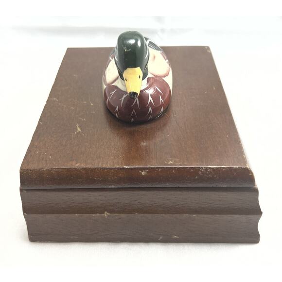 Vintage Wood Playing Card Holder Box with Ceramic Mallard Duck. *Used* - Picture 4 of 11